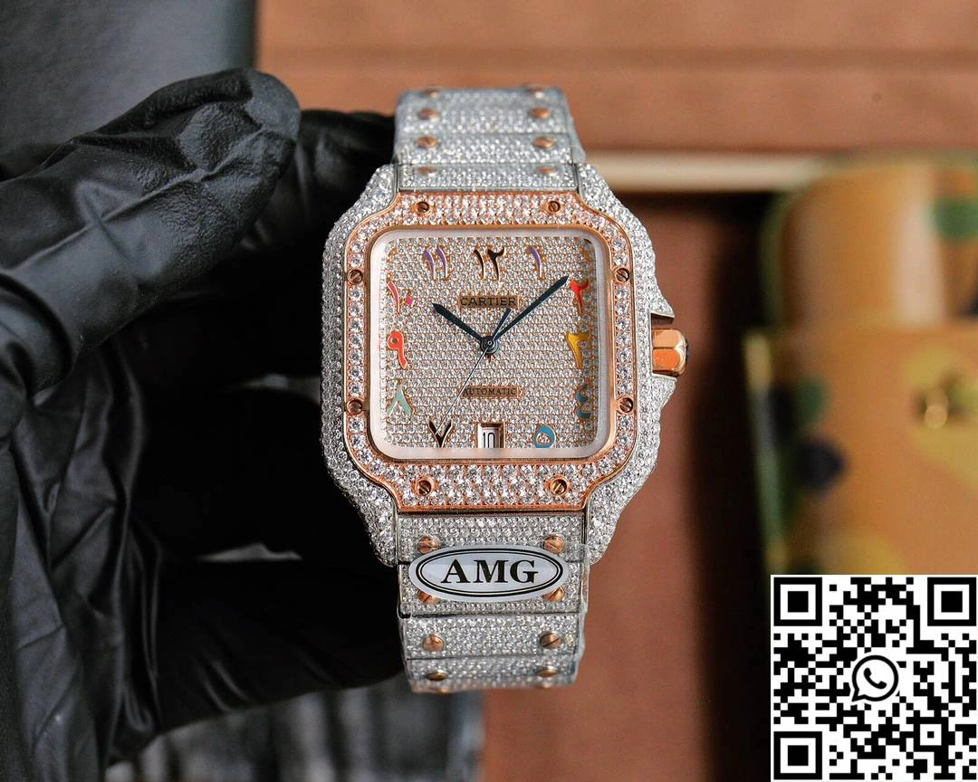Cartier De Santos Full Diamond AMG Factory Rose Gold Arabic Dial