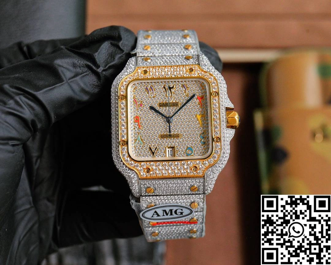 Cartier De Santos Full Diamond AMG Factory Rose Gold Arabic Dial