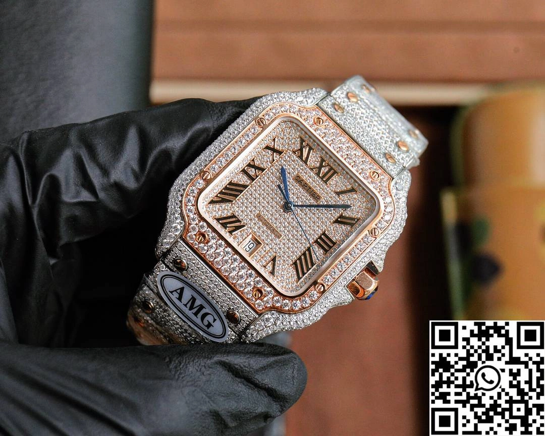 Cartier De Santos Full Diamond AMG Factory Rose Gold Dial