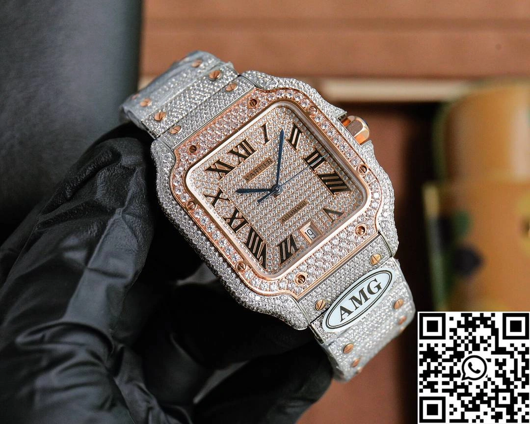 Cartier De Santos Full Diamond AMG Factory Rose Gold Dial