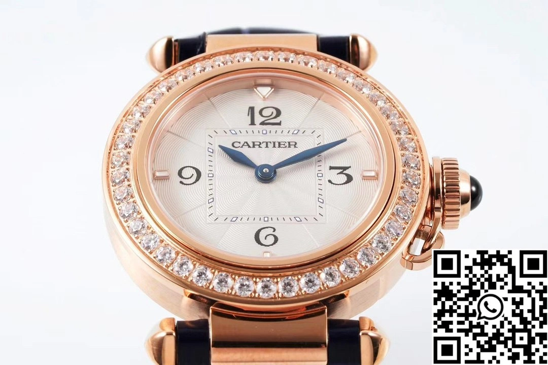 Cartier Pasha WJPA0017 AF Factory 30mm Rose Gold White Dial Diamond Bezel Black Strap