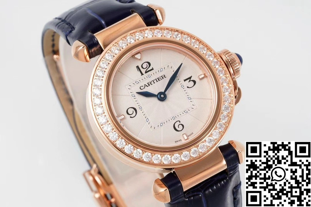 Cartier Pasha WJPA0017 AF Factory 30mm Rose Gold White Dial Diamond Bezel Black Strap