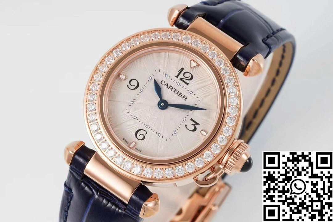 Cartier Pasha WJPA0017 AF Factory 30mm Rose Gold White Dial Diamond Bezel Black Strap