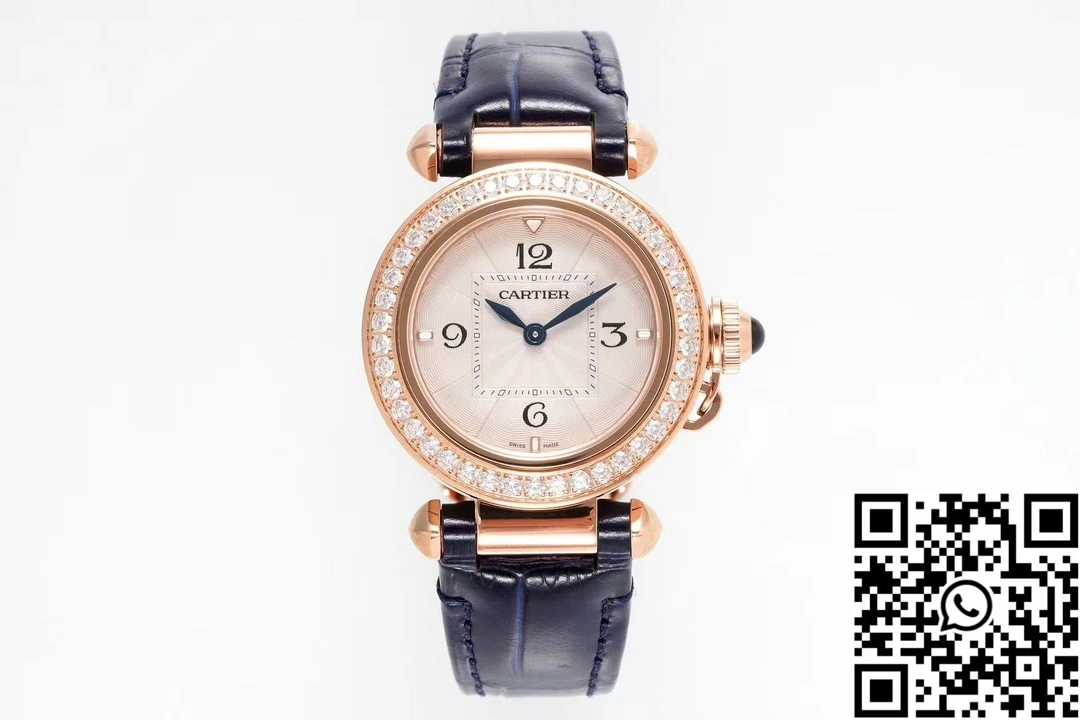 Cartier Pasha WJPA0017 AF Factory 30mm Rose Gold White Dial Diamond Bezel Black Strap
