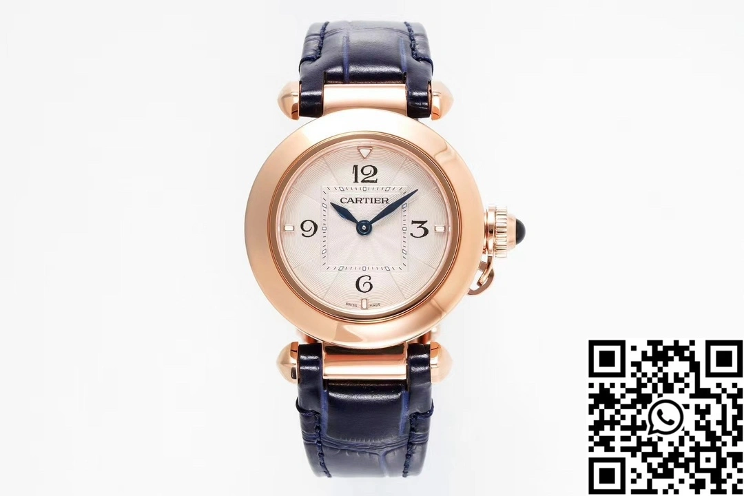 Cartier Pasha WJPA0017 AF Factory 30mm Rose Gold White Dial Diamond Bezel Blue Strap