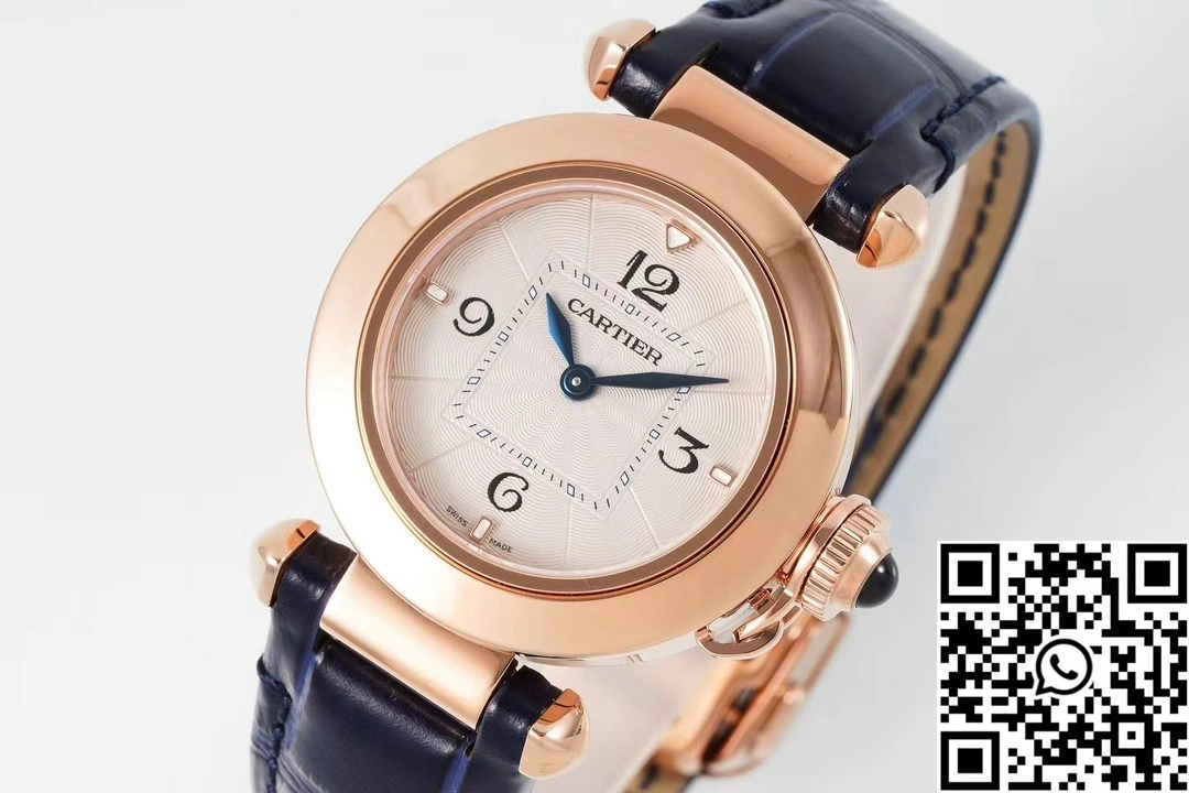 Cartier Pasha WJPA0017 AF Factory 30mm Rose Gold White Dial Diamond Bezel Blue Strap