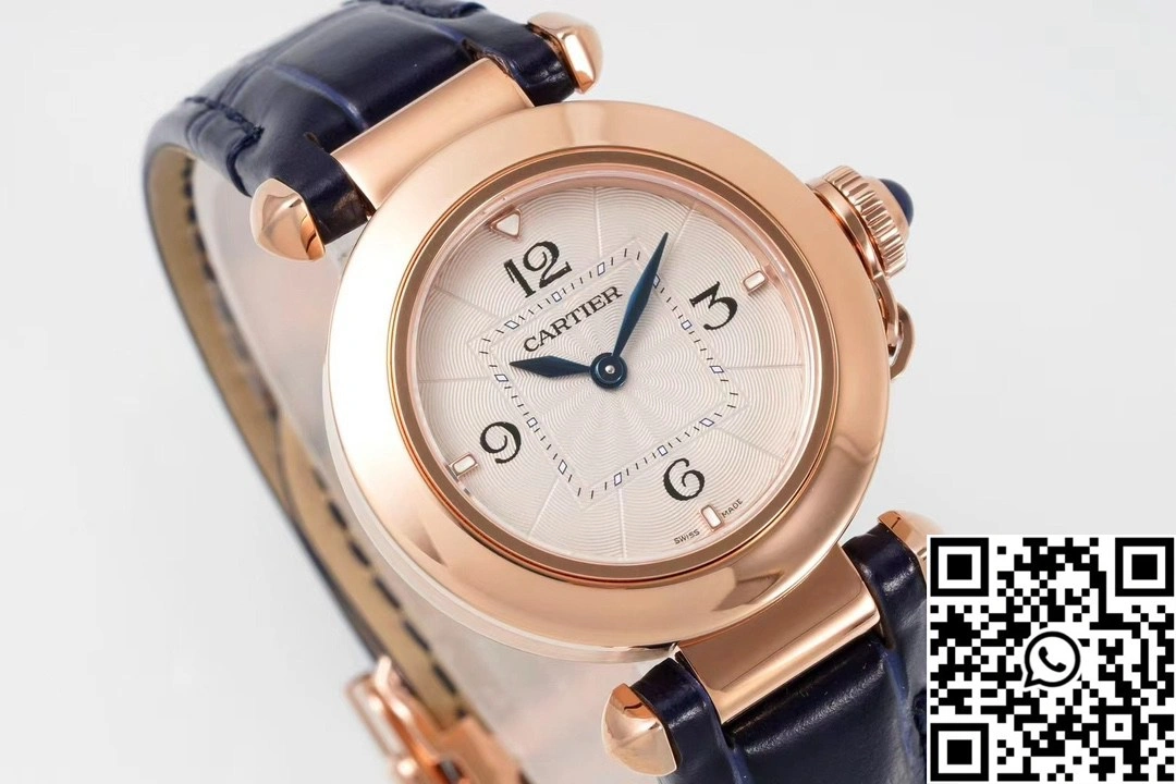 Cartier Pasha WJPA0017 AF Factory 30mm Rose Gold White Dial Diamond Bezel Blue Strap