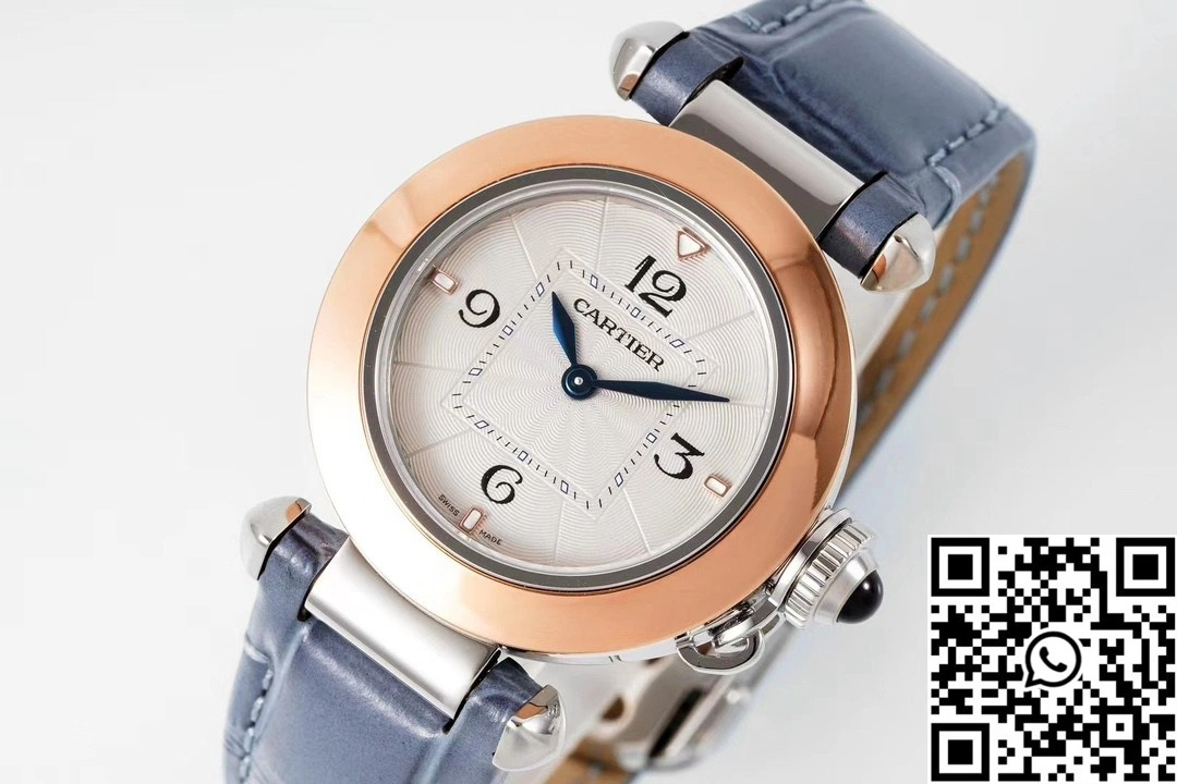 Cartier Pasha WJPA0017 AF Factory 30mm Rose Gold White Dial Diamond Bezel Light Blue Strap
