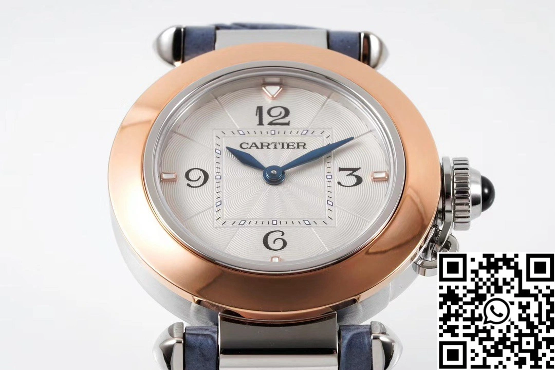 Cartier Pasha WJPA0017 AF Factory 30mm Rose Gold White Dial Diamond Bezel Light Blue Strap