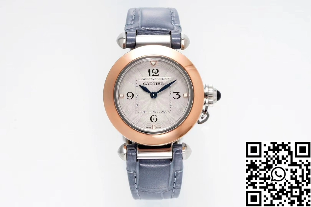 Cartier Pasha WJPA0017 AF Factory 30mm Rose Gold White Dial Diamond Bezel Light Blue Strap