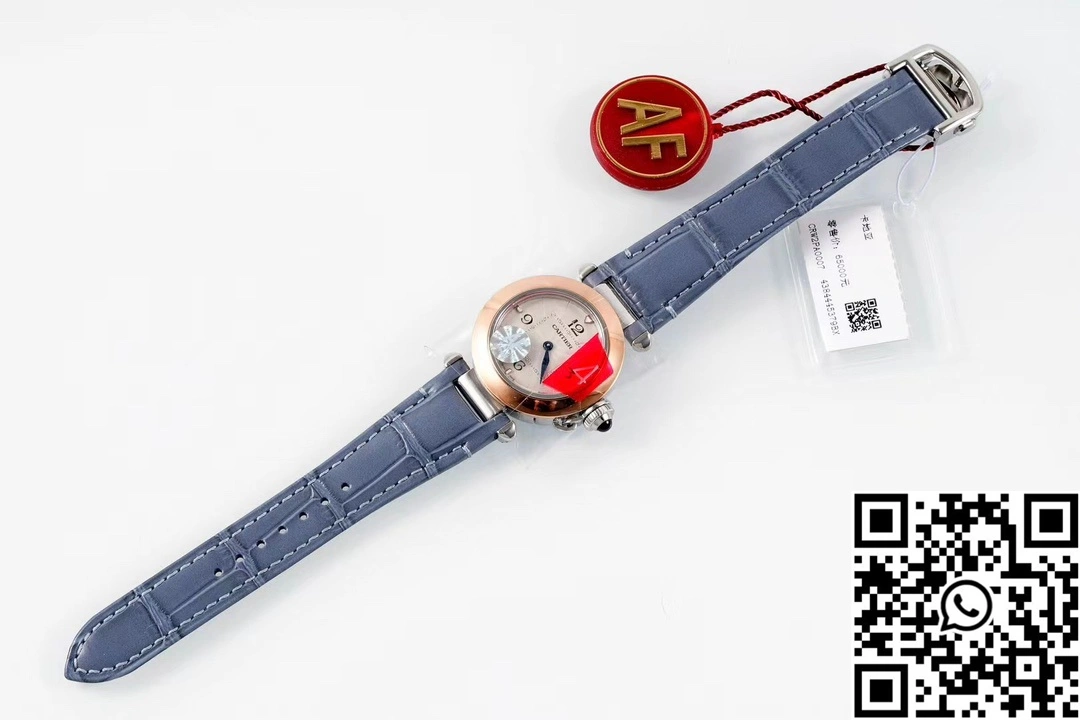 Cartier Pasha WJPA0017 AF Factory 30mm Rose Gold White Dial Diamond Bezel Light Blue Strap