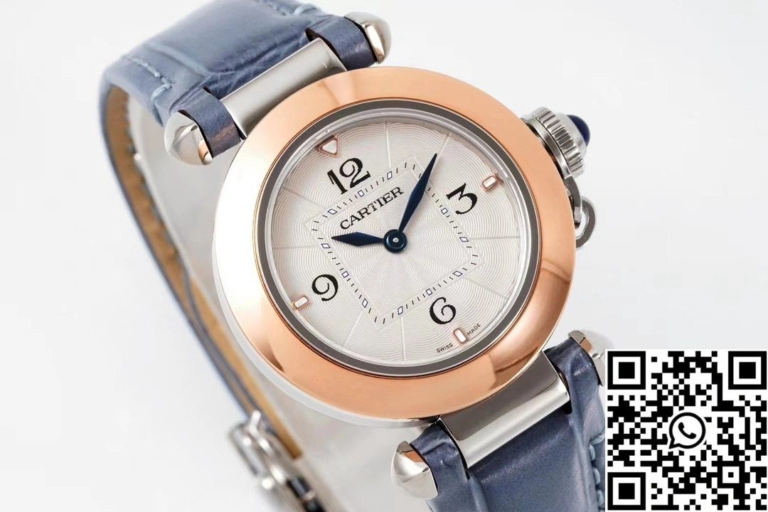 Cartier Pasha WJPA0017 AF Factory 30mm Rose Gold White Dial Diamond Bezel Light Blue Strap