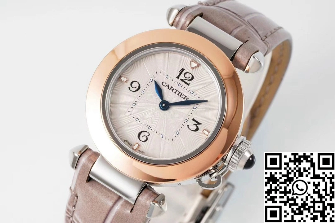 Cartier Pasha WJPA0017 AF Factory 30mm Rose Gold White Dial Diamond Bezel Light Pink Strap