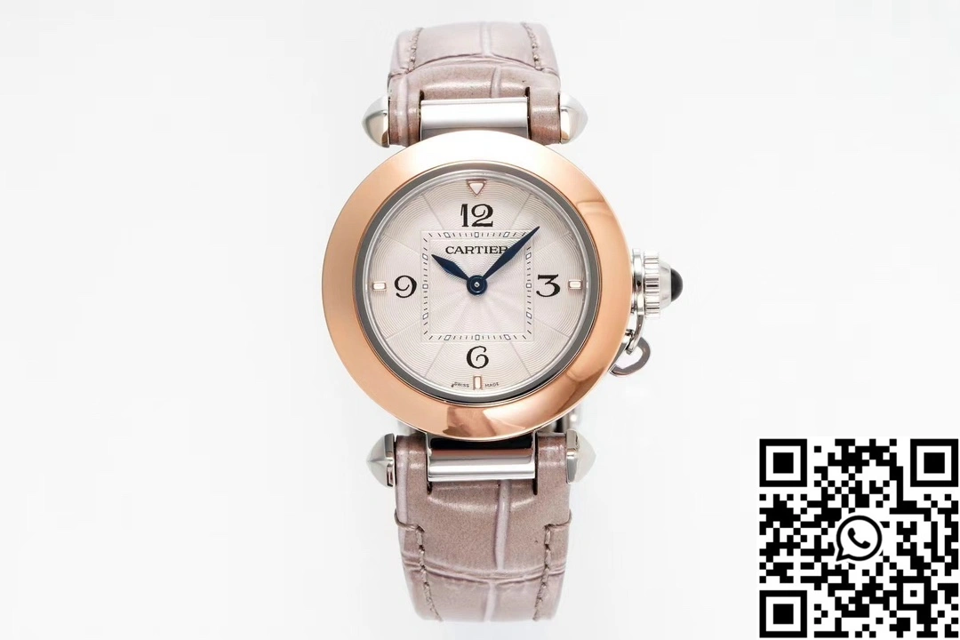 Cartier Pasha WJPA0017 AF Factory 30mm Rose Gold White Dial Diamond Bezel Light Pink Strap