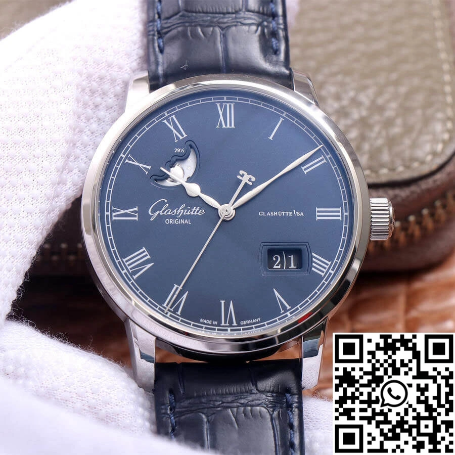 Glashutte Senator Moon Phase 1-36-04 V9 Factory Blue Leather Strap