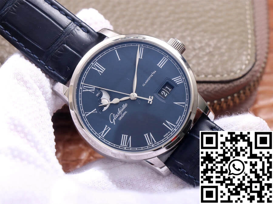 Glashutte Senator Moon Phase 1-36-04 V9 Factory Blue Leather Strap
