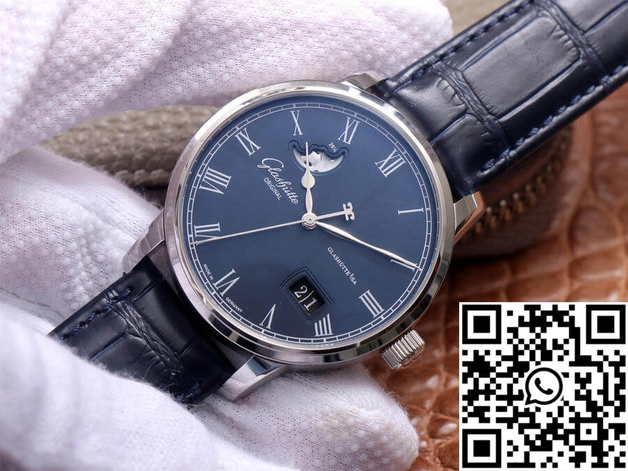 Glashutte Senator Moon Phase 1-36-04 V9 Factory Blue Leather Strap