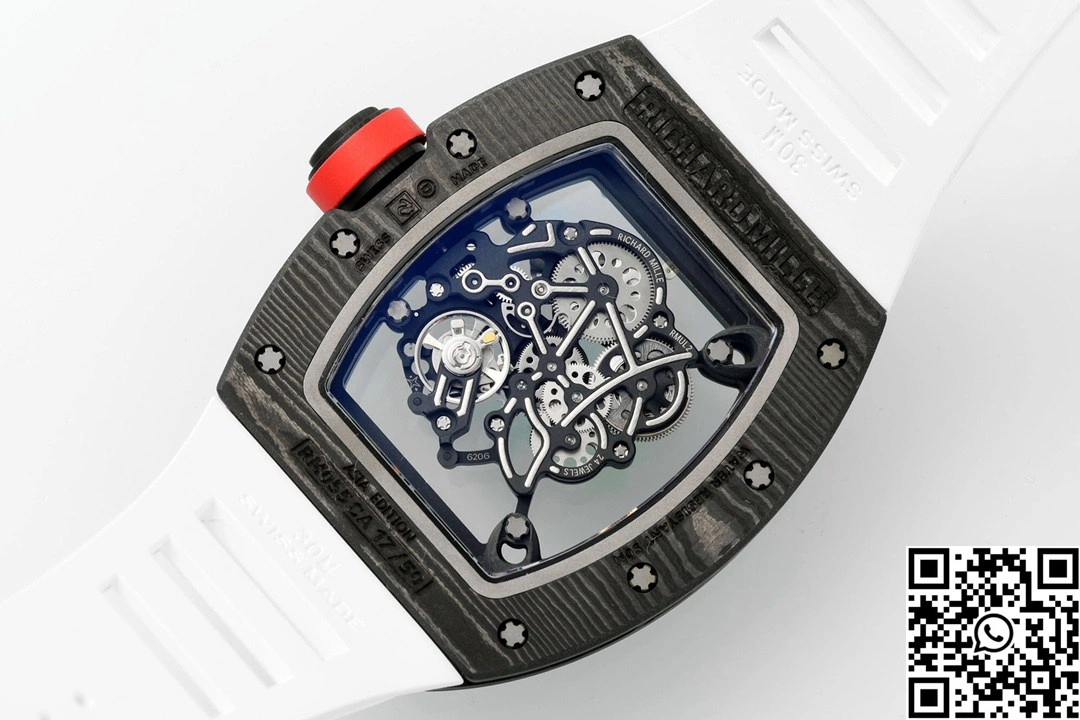Richard Mille RM-055 APS Factory NTPT Carbon Fiber Black Case White Band Red Crown