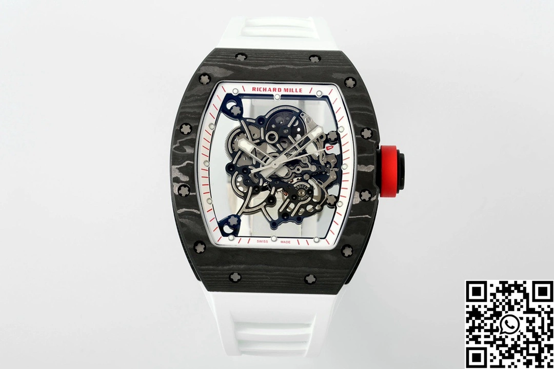Richard Mille RM-055 APS Factory NTPT Carbon Fiber Black Case White Band Red Crown