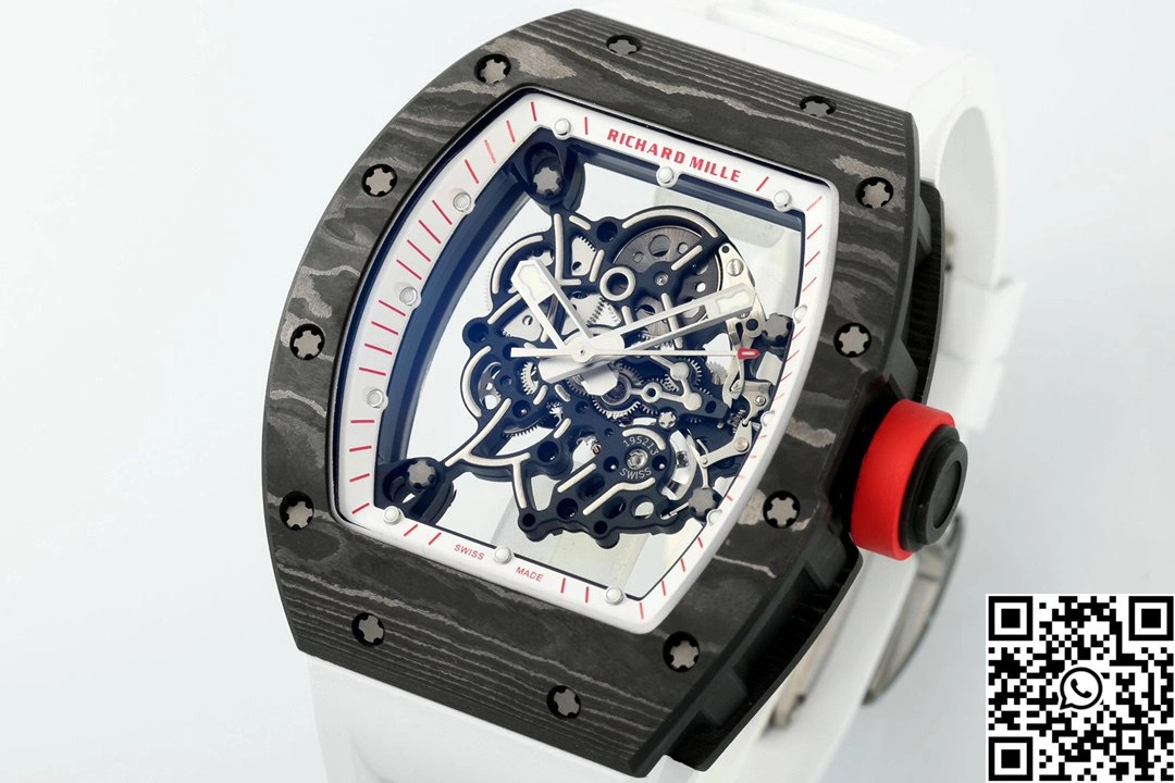 Richard Mille RM-055 APS Factory NTPT Carbon Fiber Black Case White Band Red Crown